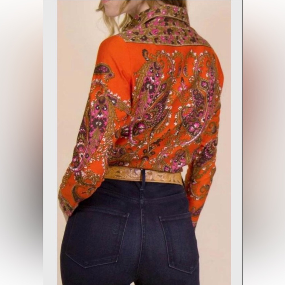Vintage Vera Neumann Paisley  Orange Long Sleeve Women's Cotton Blouse - Picture 2 of 8
